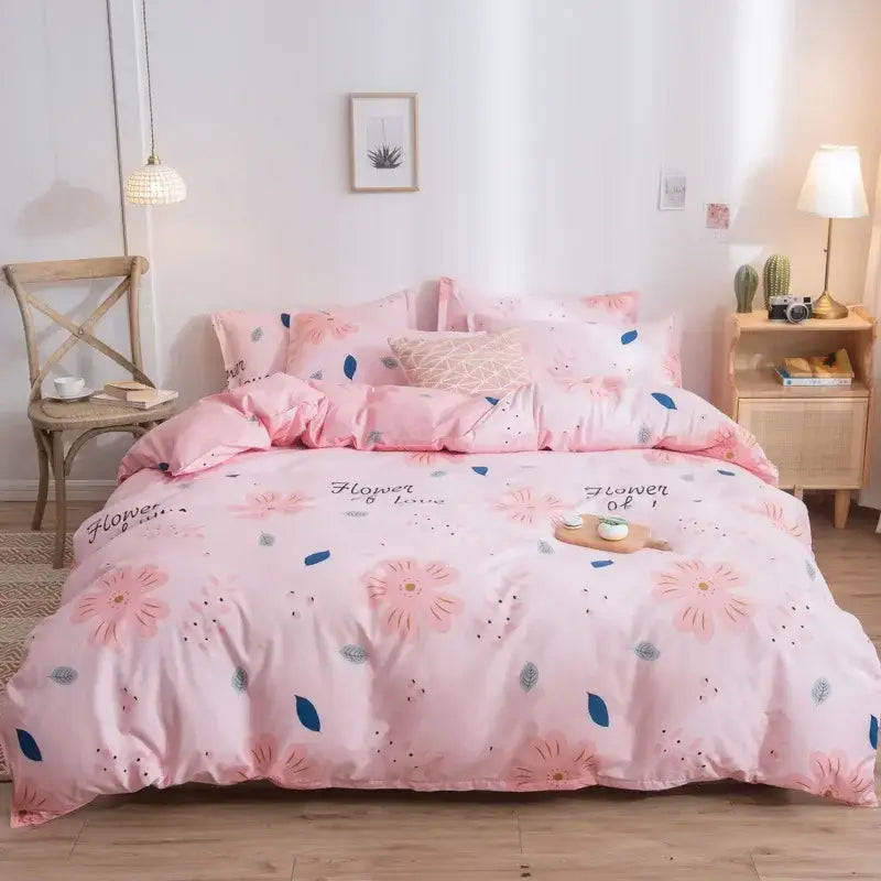 Pink heart cartoon print bedding set with floral pattern, soft cotton fabric, and delicate blue and green accents by decorbites cartoon print