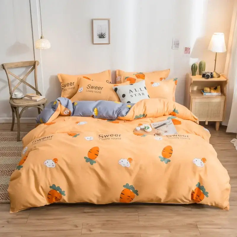 Orange carrot and bunny cartoon print bedding set in satin finish duvet cover from decorbites cartoon print collection