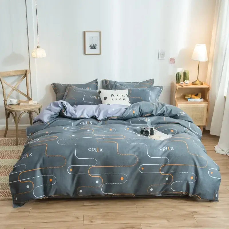Gray duvet cover set with modern abstract white and orange lines featuring oplux brand, ideal for decorbites cartoon print bedding