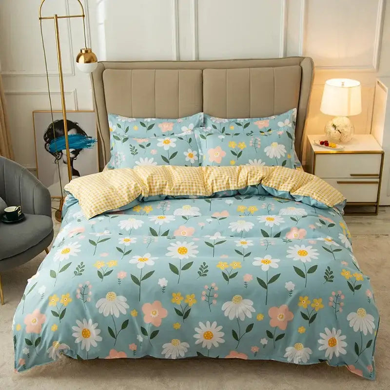 Light blue floral bedding set with white yellow and pink daisies on soft cotton fabric for decorbites cartoon print bedding