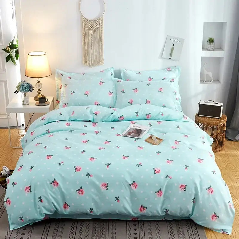 Mint green floral bedding set with pink roses and white polka dots satin finish decorbites cartoon print bedding