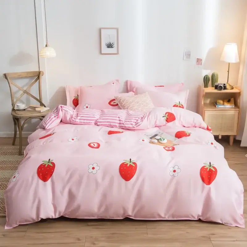Pink heart cartoon print bedding set with embroidered red strawberries and white flowers on satin fabric decorbites cartoon print