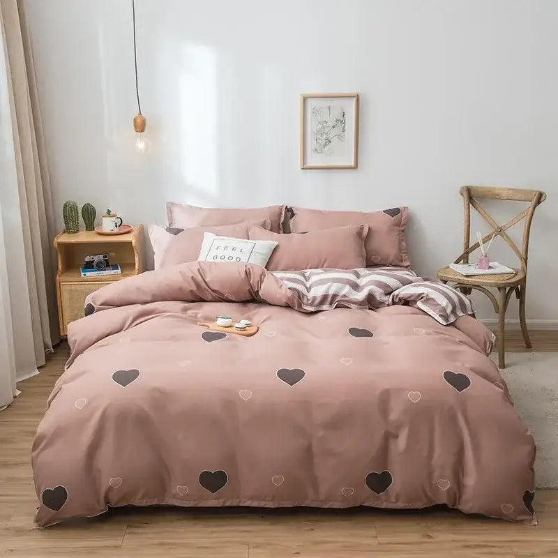 Pink heart cartoon print bedding set with soft satin finish fabric perfect for decorbites cartoon print bedding decor