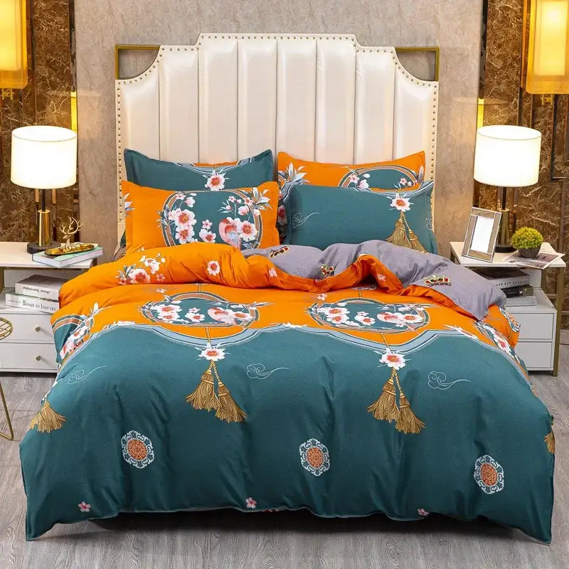 Teal and orange floral-patterned satin finish bedding set with gold tassels for decorbites cartoon print bedroom decor
