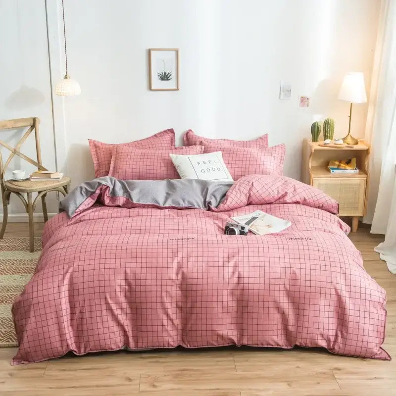 Pink and gray checkered duvet cover bedding set with soft satin finish decorbites cartoon print bedding decor