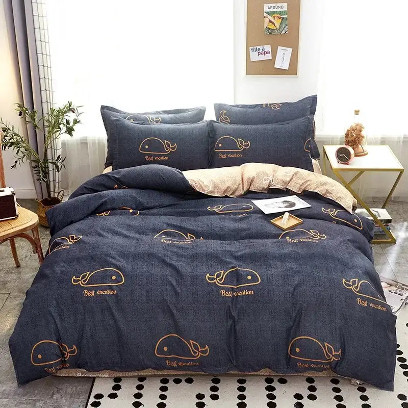 Navy blue whale-themed cartoon print bedding set with gold embroidery and best vacation text satin finish decorbites cartoon print