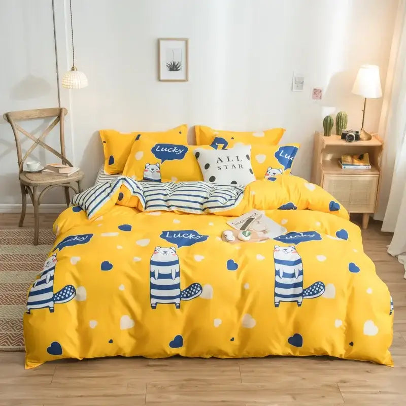 Yellow satin finish bedding set with blue and white decorbites cartoon print beavers and heart patterns for bedroom decor