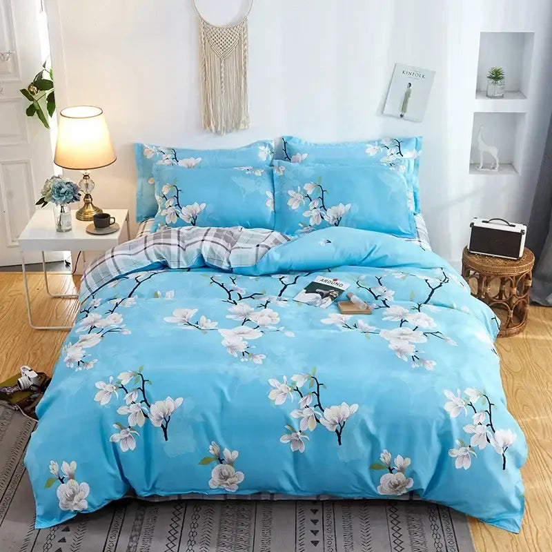 Light blue bedding set with delicate white magnolia blossom pattern on soft smooth fabric for decorbites cartoon print bedroom decor