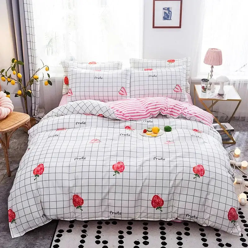 Pink satin finish duvet cover bedding set with white and pink strawberry-themed decorbites cartoon print and fruits text