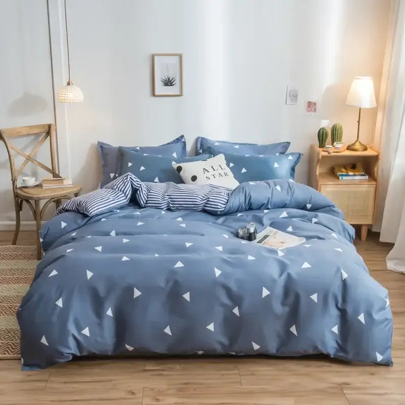 Blue duvet cover with white triangular patterns in satin finish decorbites cartoon print bedding set for bedroom decor
