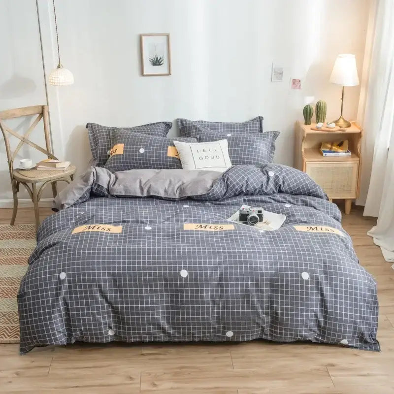 Gray and white checkered duvet cover set with beige miss patches in decorbites cartoon print bedding for bedroom decor