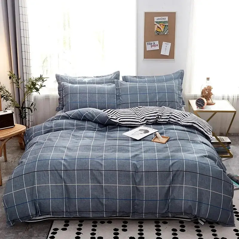 Blue and white checkered satin finish duvet cover set with matching pillowcases for decorbites cartoon print bedding set