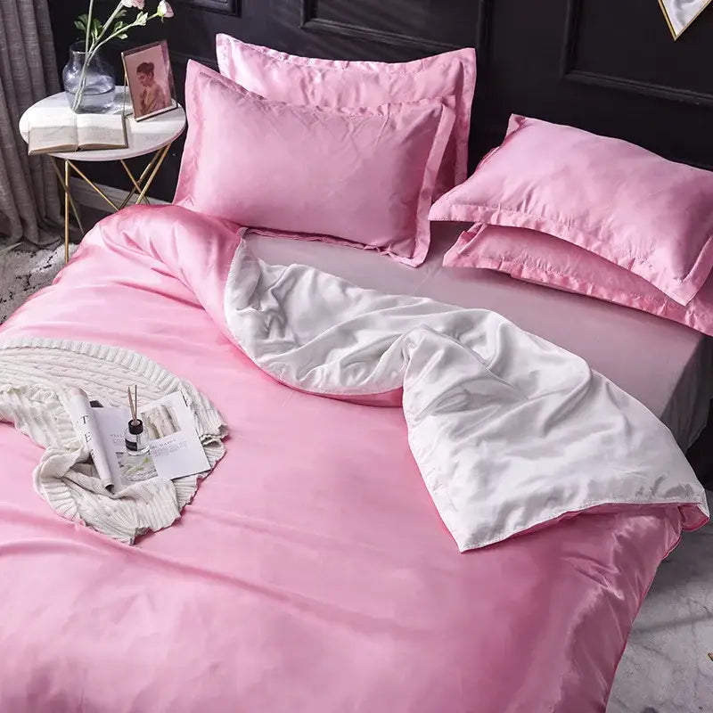 Pink ice rayon satin bedding set featuring pink satin duvet cover with white inner lining for cooling decorbites ice rayon