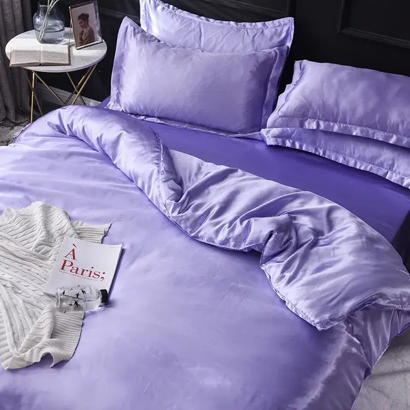 Lavender satin bedding set with smooth glossy finish and matching pillowcases made from decorbites ice rayon satin