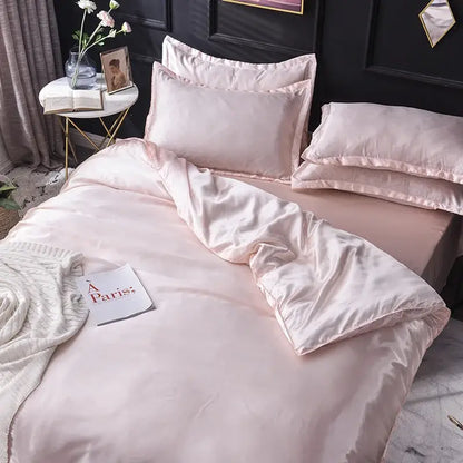 Pink satin bedding set with matching pillows and duvet cover made of decorbites ice rayon satin for cooling comfort