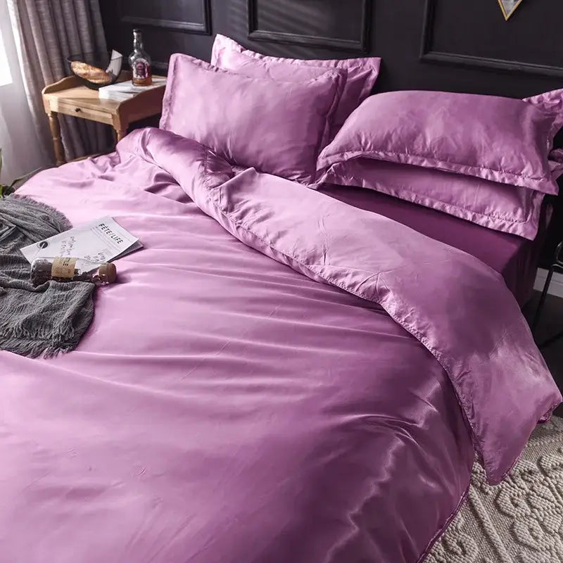 Purple satin bedding set with smooth glossy finish and matching pillowcases from decorbites ice rayon satin collection