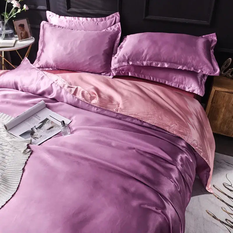 Purple satin bedding set with soft sheen and matching pillowcases made from decorbites ice rayon satin for cooling comfort