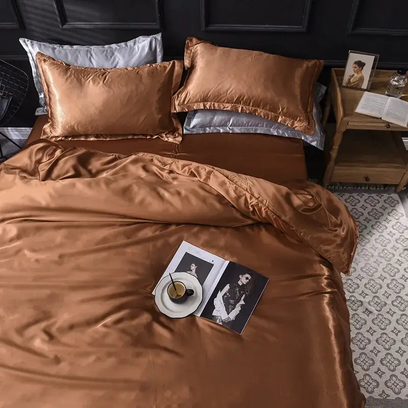 Rich copper satin bedding set with matching pillows in glossy finish featuring decorbites ice rayon satin material