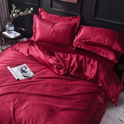 Rich crimson satin bedding set with glossy smooth texture and elegant ruffled edges made from decorbites ice rayon satin