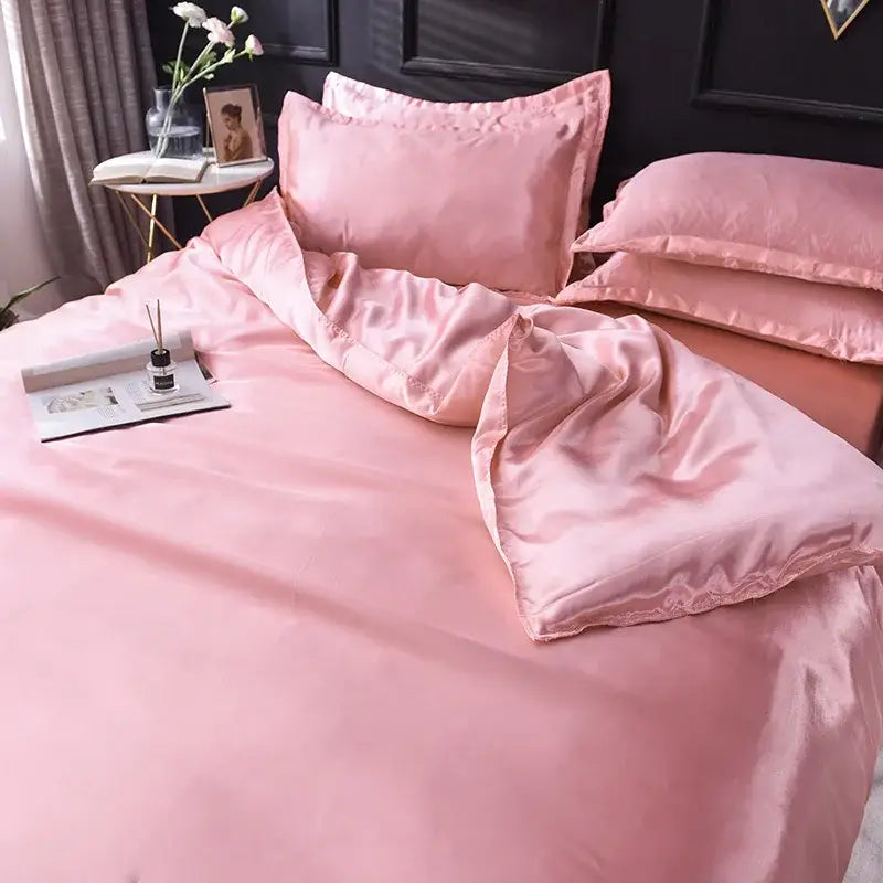Pink ice rayon satin bedding set with smooth glossy finish and matching pillowcases by decorbites ice rayon