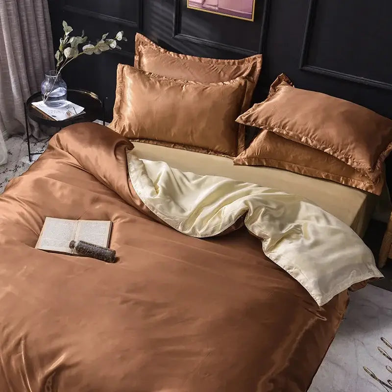 Set of ice rayon satin bedding set in warm bronze and cream tones with luxurious sheen for bedroom decorbites cooling use