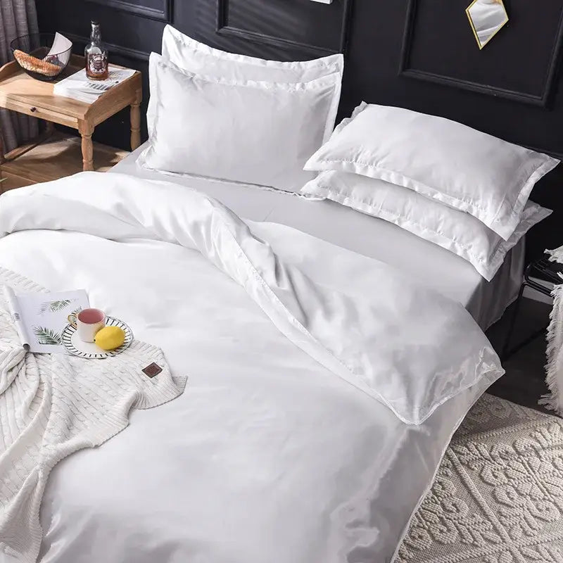 White satin duvet cover set with ruffled edges in ice rayon satin for cooling bedding set by decorbites ice rayon