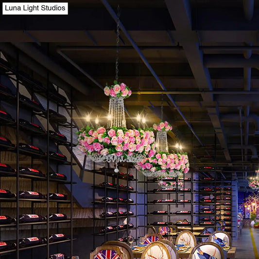 Pink Iron Flower Candelabra Chandelier with Crystal Accents for Farmhouse Lighting