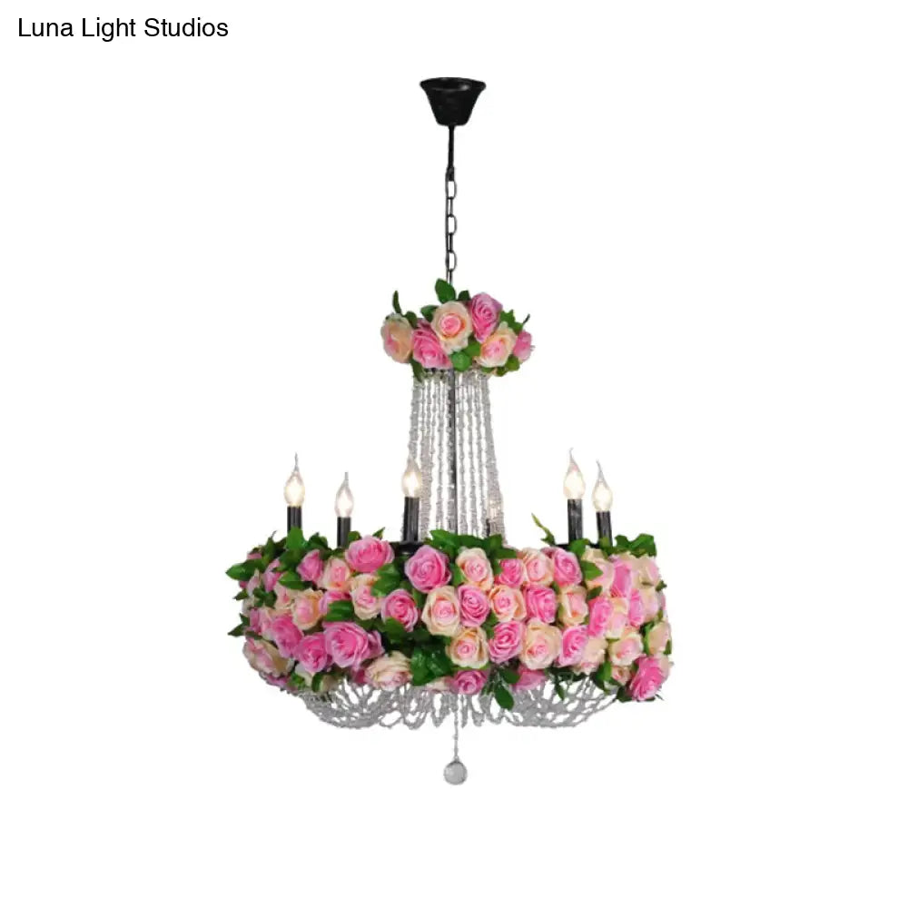 Pink Iron Flower Candelabra Chandelier with Crystal Accents for Farmhouse Lighting