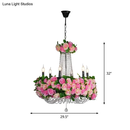 Pink Iron Flower Candelabra Chandelier with Crystal Accents for Farmhouse Lighting