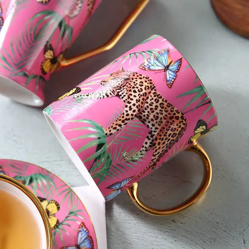 Pink jungle animals bone china teacup and saucer set with leopard illustration and gold rim for dining room decorbites jungle animals