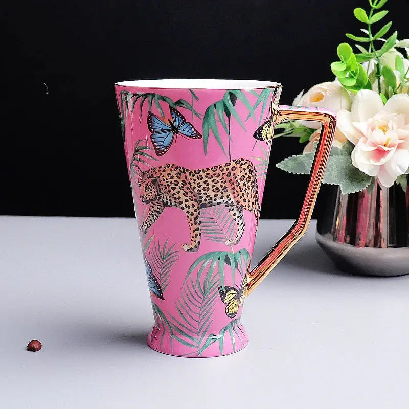 Pink jungle animals bone china teacup and saucer set with leopard butterflies and tropical leaves decorbites jungle animals design