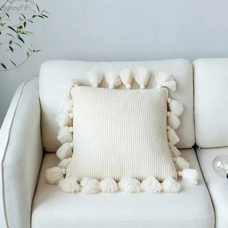 Cream-colored knit cushion cover with fluffy tassels on all sides decorbites knit cushion for living room decor