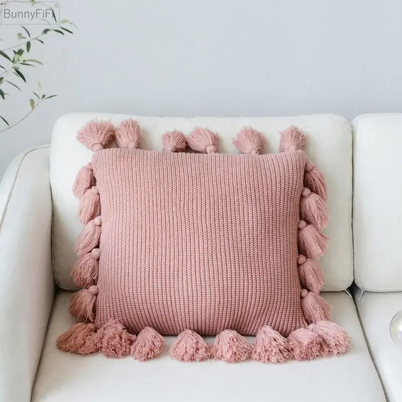 Pink knit cushion cover with fluffy tassels along all four sides for living room decorbites knit cushion case