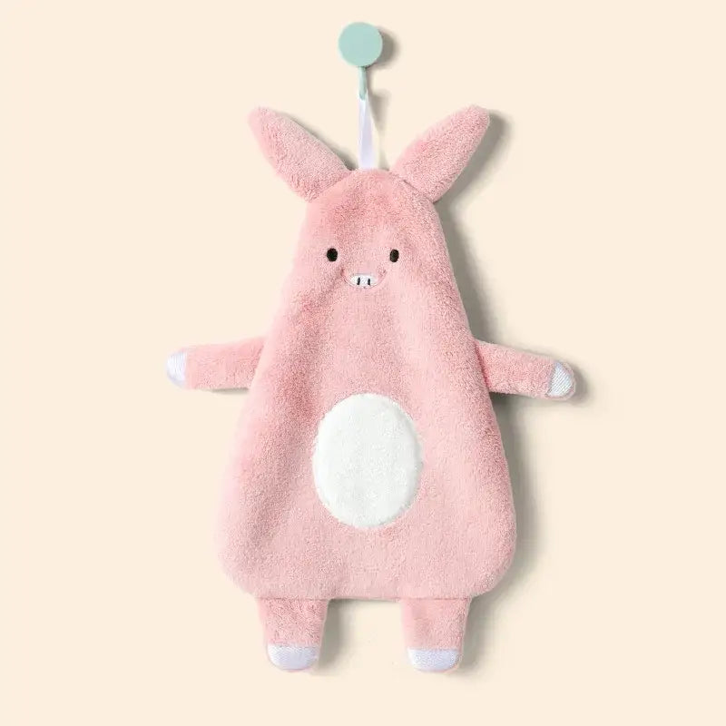 Pink plush cartoon animal shape hand towel with white belly patch and blue loop for bathroom decorbites cartoon animal decor