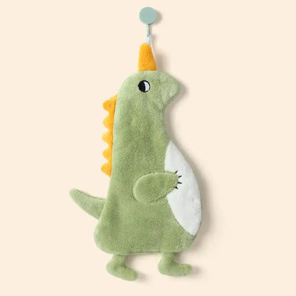 A soft green plush cartoon animal shape towel with yellow horn and spines for decorbites cartoon animal bathroom decor