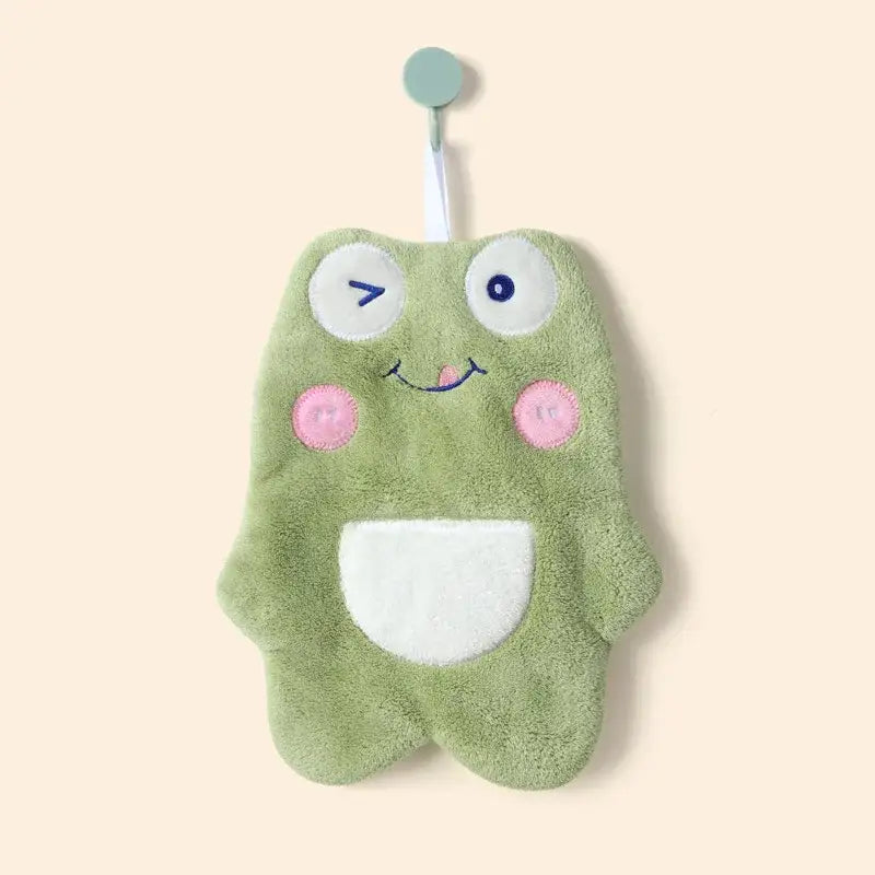 A soft light green plush frog cartoon animal shape bath sponge with embroidered eyes and pink cheeks for decorbites bathroom decor