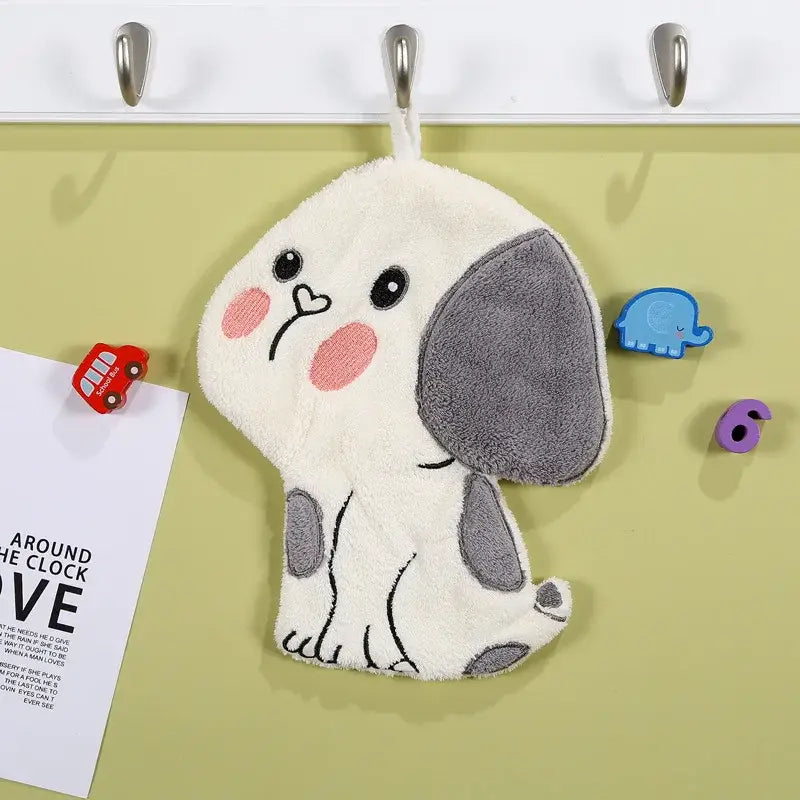 A plush white and gray elephant cartoon animal shape bath sponge with pink cheeks and embroidered decorbites cartoon animal details
