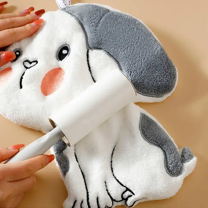 White and gray plush puppy-shaped lint roller with embroidered face for pink lamb cartoon animal shape hand towel decorbites cartoon animal