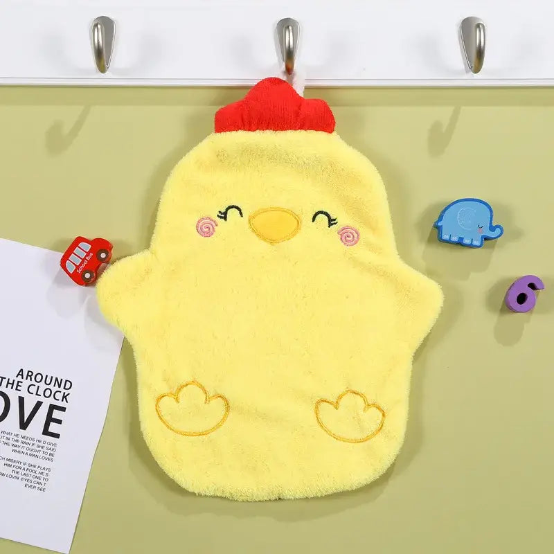 Yellow plush chick-shaped bath mitt with red crown and pink cheeks for pink lamb cartoon animal shape bathroom decorbites cartoon animal