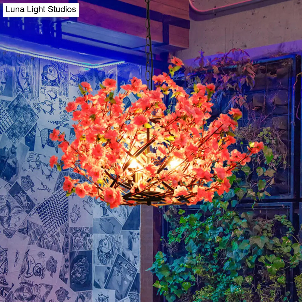 Pink LED Pendant Chandelier Light - Industrial Peach Blossom Design, Ideal for Restaurants - 3 Lights