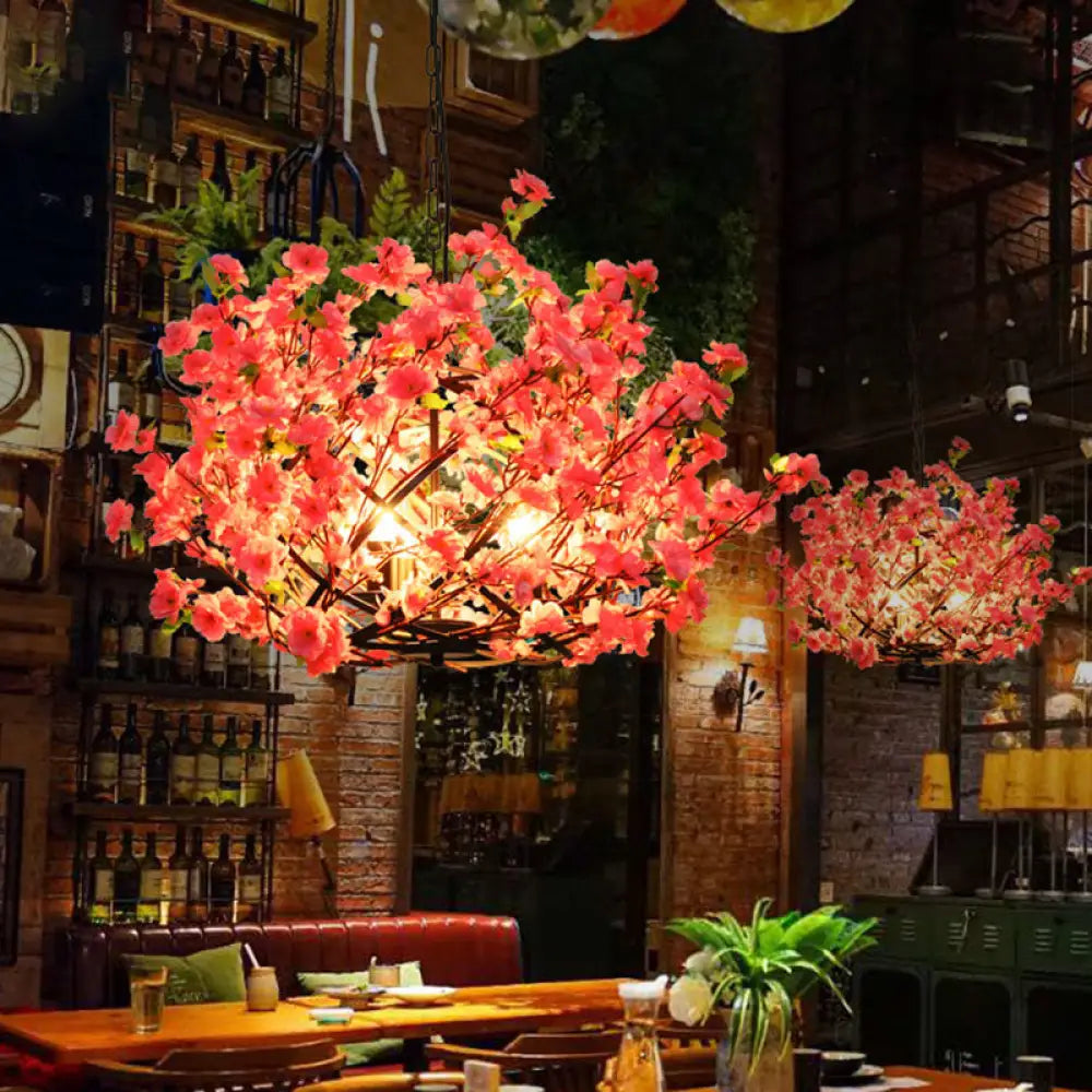 Pink LED Pendant Chandelier Light - Industrial Peach Blossom Design, Ideal for Restaurants - 3 Lights