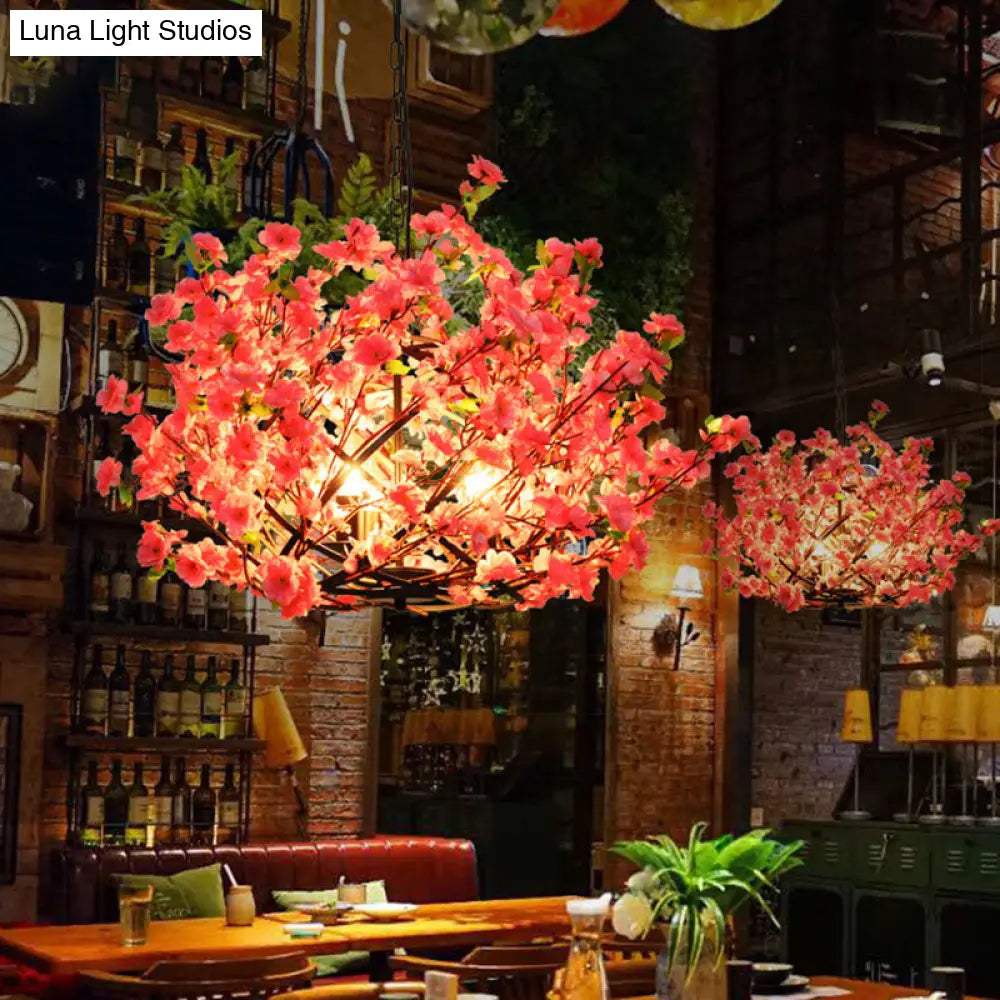 Pink LED Pendant Chandelier Light - Industrial Peach Blossom Design, Ideal for Restaurants - 3 Lights