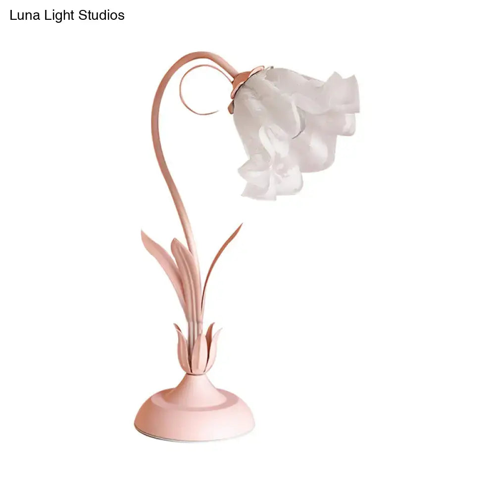 Pink lily table lamp with a delicate rose gold metal base and opal glass flower shade for bedroom nightstand lighting