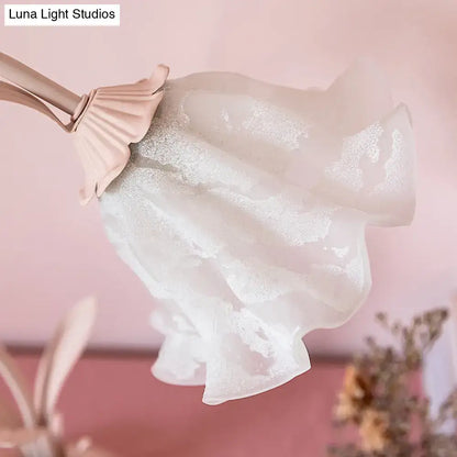 Pink lily table lamp with delicate translucent opal glass shade and soft pink metallic finial for bedroom use