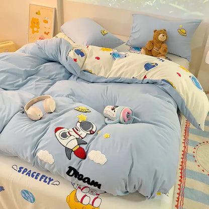 Light blue astronaut-themed bedding set with embroidered rocket and cloud designs made from decorbites cloud cotton cartoon material