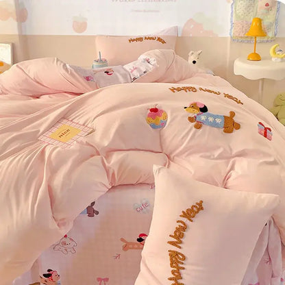 Pink quilted comforter bedding set with happy new year embroidery cloud cotton cartoon decorbites design