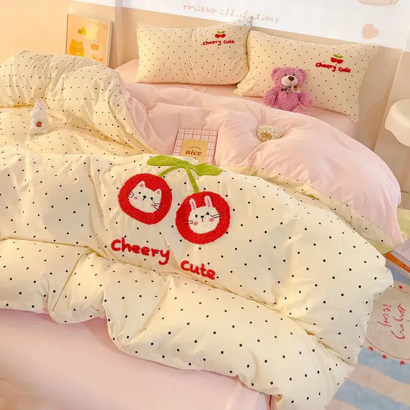 Cream-colored cotton bedding set with black polka dots embroidered red cherries and white cat faces for bedroom decorbites cotton bedding