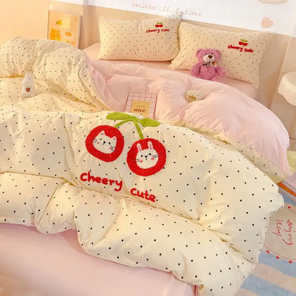 Cream-colored cotton bedding set with black polka dots embroidered red cherries and white cat faces for bedroom decorbites cotton bedding