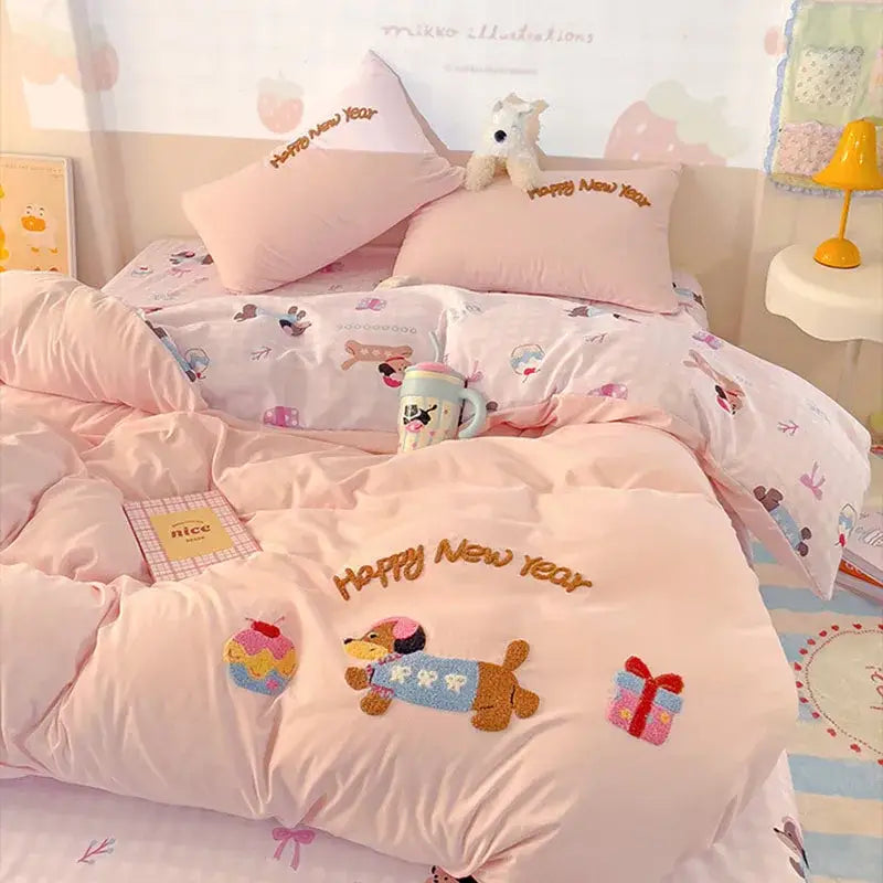 Pink new year dog cotton bedding set cotton bedding set featuring happy new year embroidered duvet cover with appliqué designs
