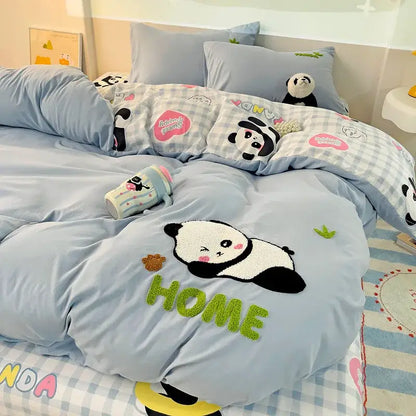 Light blue cotton bedding set with plush embroidered panda and green home lettering in decorbites cotton bedding
